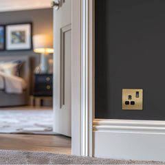 Single Switched Power Plug Socket Satin Brass 13A