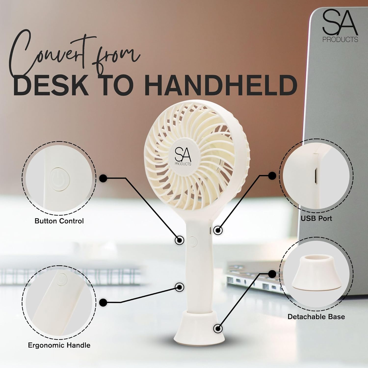 SA Products Handheld Fan with 3 Speeds | 3000 mAh USB Rechargeable Portable Mini Fan with Stand | Desk & Handheld Use – White