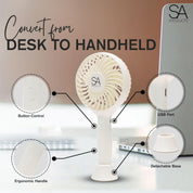 SA Products Handheld Fan with 3 Speeds | 3000 mAh USB Rechargeable Portable Mini Fan with Stand | Desk & Handheld Use – White