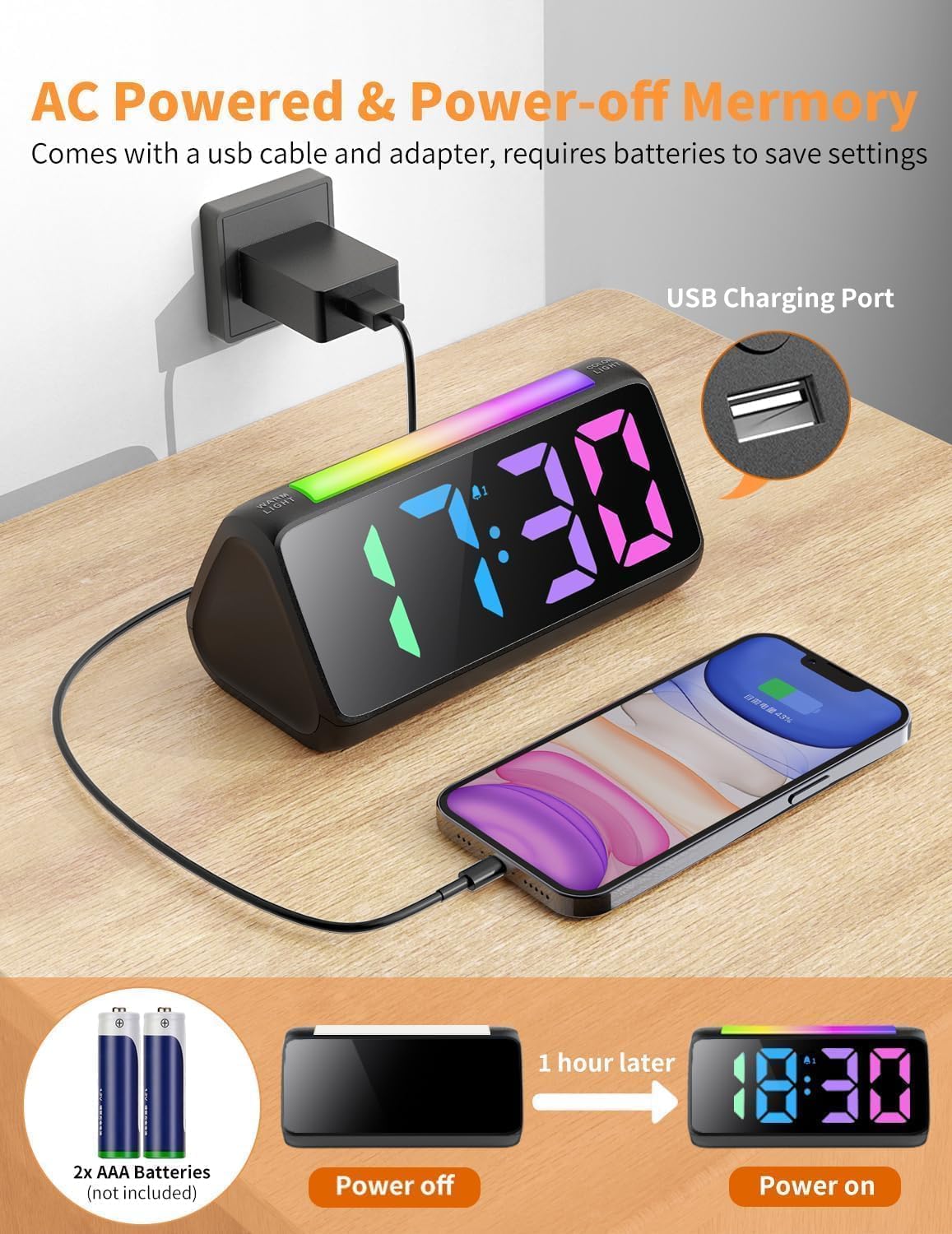 RGB Nightlight Digital Alarm Clock – Dual Alarm, Large Display, Snooze, Adjustable Brightness