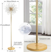 Gold floor lamp with measurements and features labeled, placed indoors.