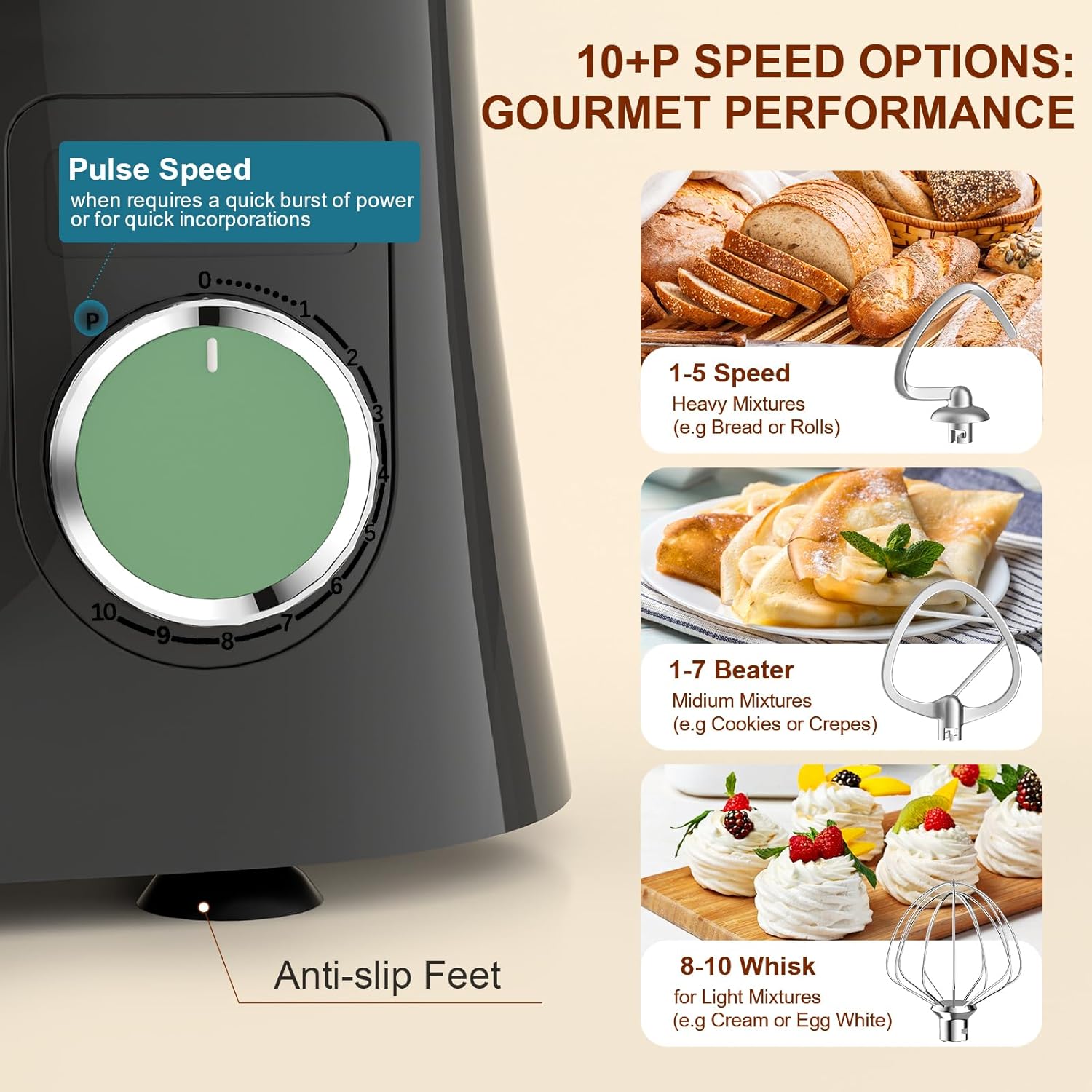 Small Stand Mixer 1500W – 10 Speed Food Mixer with 5.5L Bowl – Lightweight Dough Mixer for Baking & Cakes (Green Gray)
