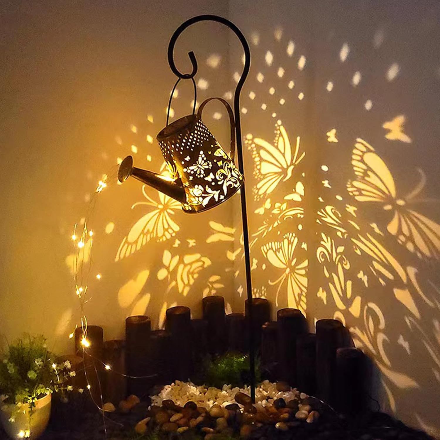 Solar Watering Can Lights Outdoor Garden, LED Butterfly Fairy Light Hanging Waterproof Butterfly Pattern Design,Decorative Retro Shower Lights for Garden Table Patio Yard Pathway Walkway(with Bracket)