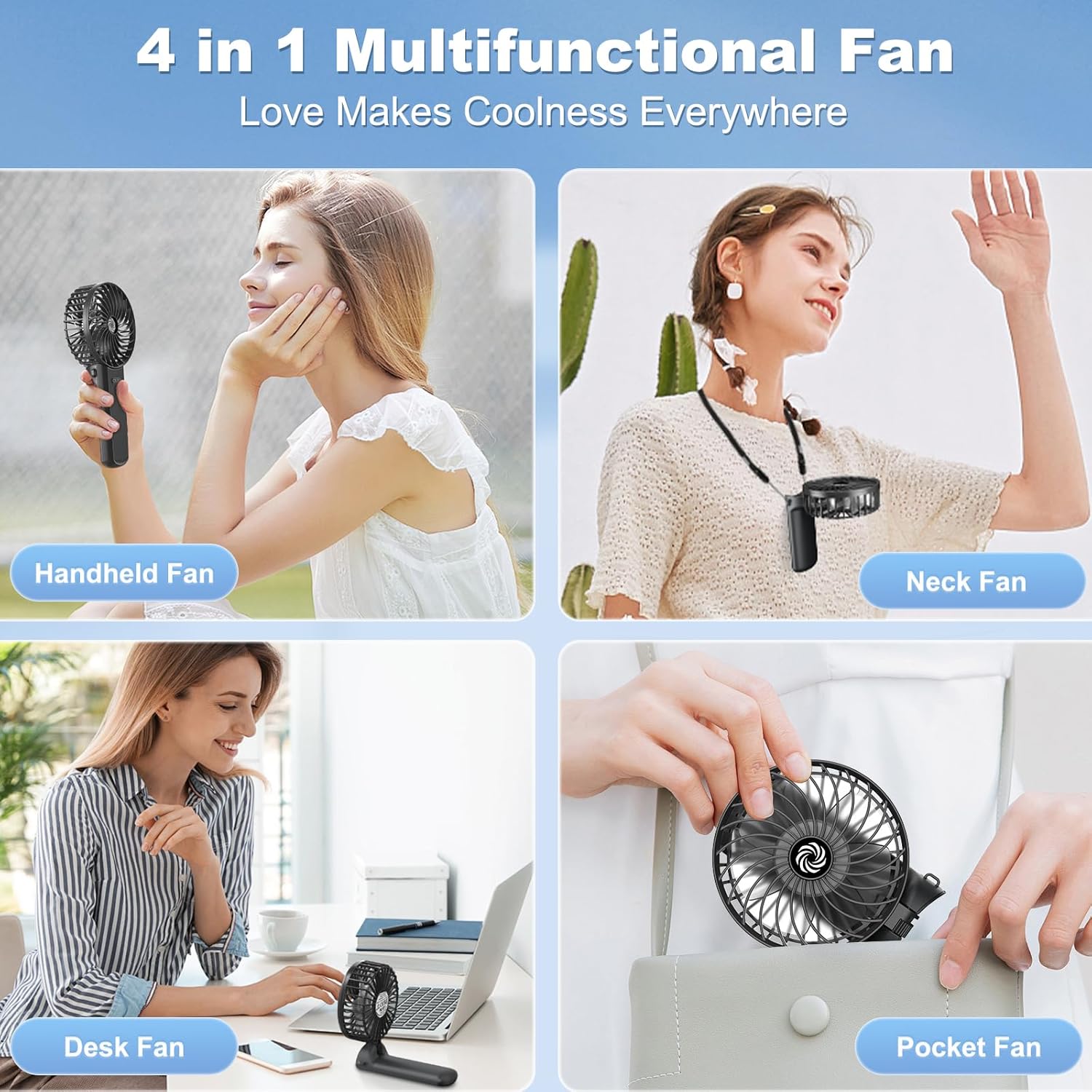 Hand Held Fan, Portable Handheld USB Rechargeable Fans with 4 Speeds, Personal Battery Powered Mini Desk Desktop Fan, Small Electric Hand Fan Folding for Home Office Indoor Outdoor Travel (Black)