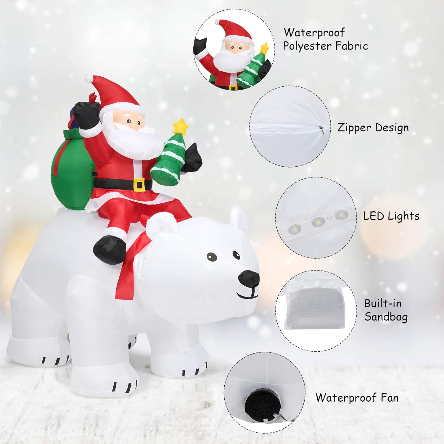8FT LED Santa on Polar Bear – Self-Inflating, Built-in LED, Waterproof