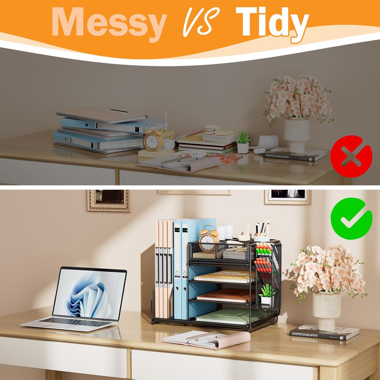 5-Tier Desk Organiser with Drawer & Pen Holders – Mesh File Tray and Magazine Rack, Black