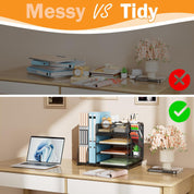 5-Tier Desk Organiser with Drawer & Pen Holders – Mesh File Tray and Magazine Rack, Black