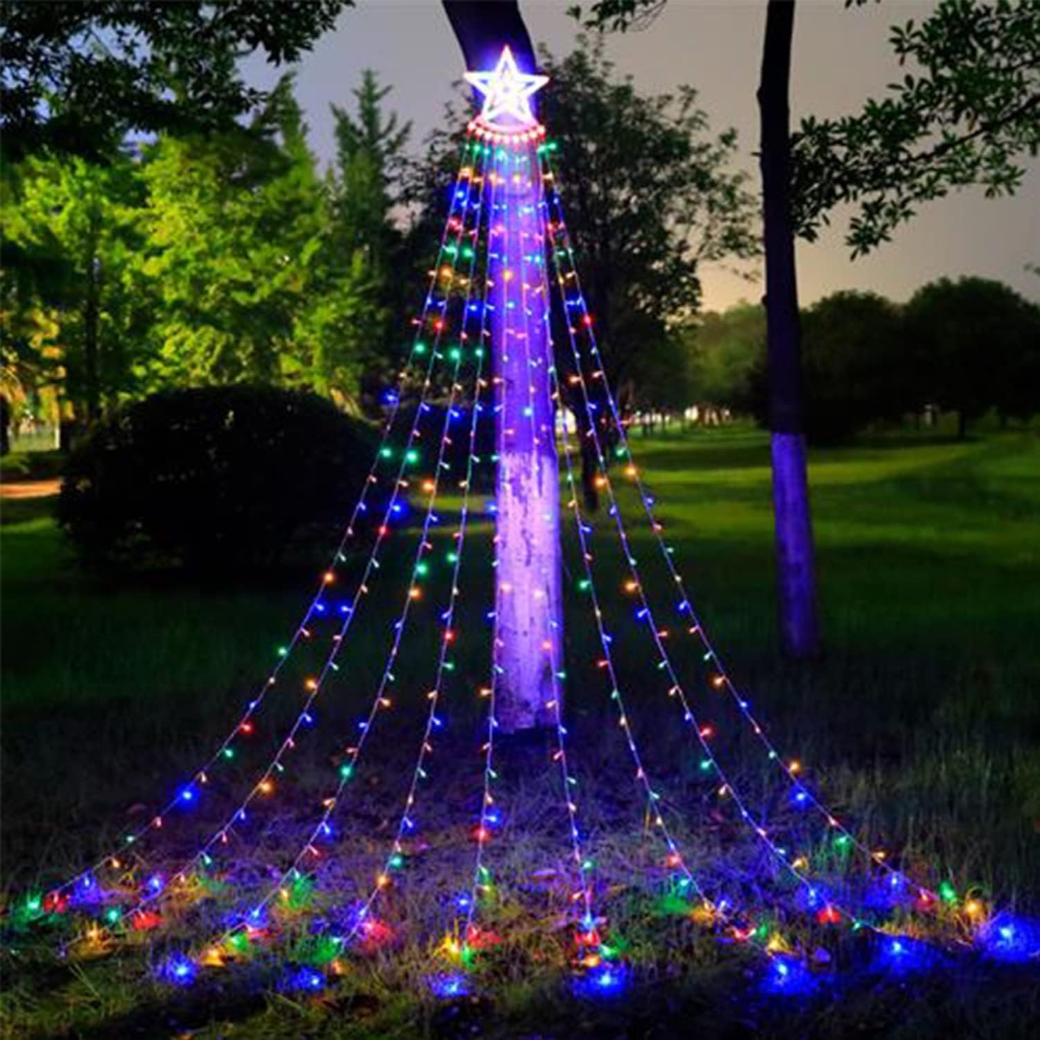 Christmas Lights Tree – 350 LED Outdoor Waterfall Fairy Lights with Topper Star, Waterproof, Mains Powered, 9 Strand, 8 Lighting Modes (Colorful)