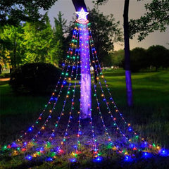 Christmas Lights Tree – 350 LED Outdoor Waterfall Fairy Lights with Topper Star, Waterproof, Mains Powered, 9 Strand, 8 Lighting Modes (Colorful)