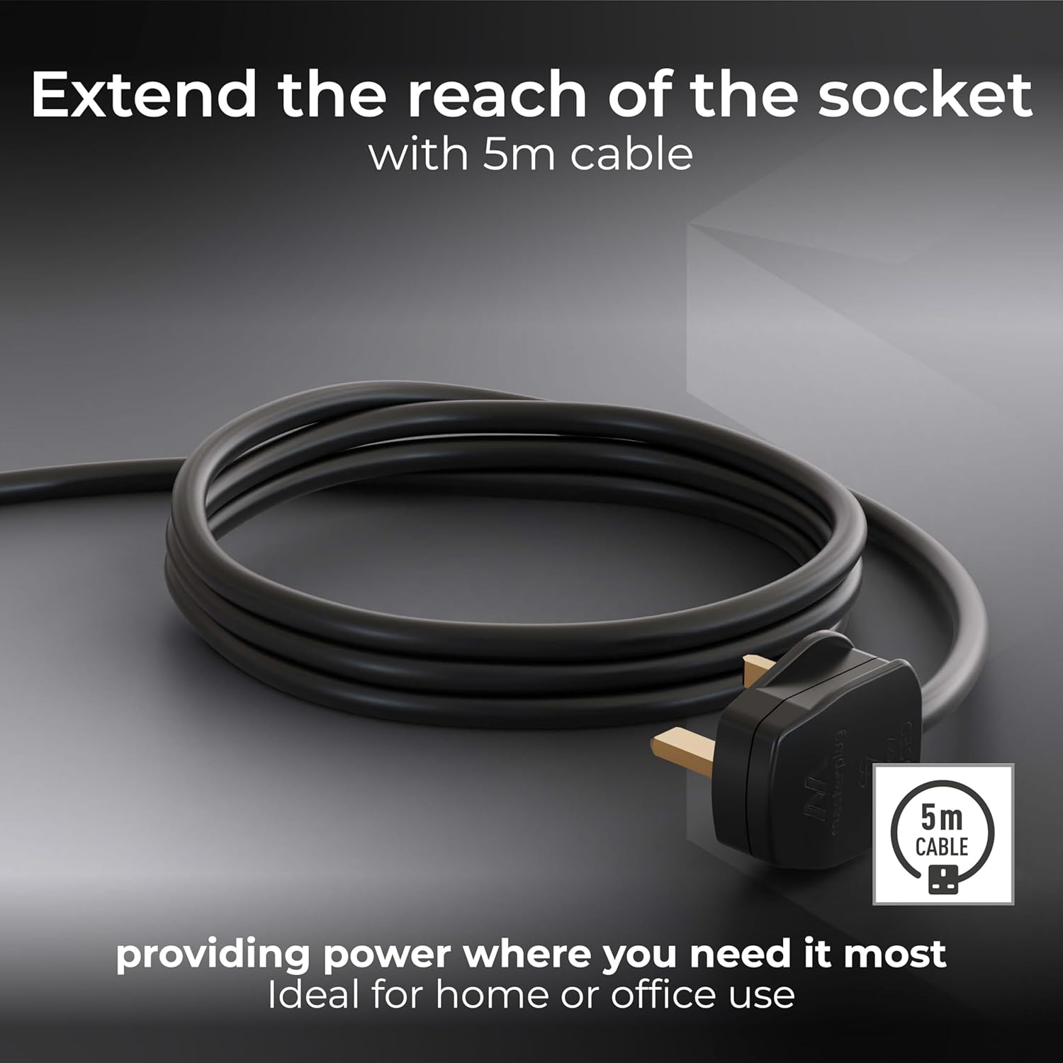 Masterplug Four Socket Extension Lead, 5 Metre Cable, Unswitched, 4-Way Plug Extension Cable, Power Strip, Basic Power, Black, 13A, 4G, 5m, BFG5NB