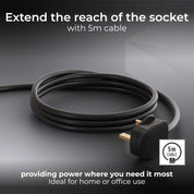 Masterplug Four Socket Extension Lead, 5 Metre Cable, Unswitched, 4-Way Plug Extension Cable, Power Strip, Basic Power, Black, 13A, 4G, 5m, BFG5NB