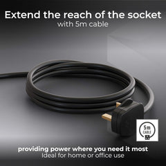 Masterplug Four Socket Extension Lead, 5 Metre Cable, Unswitched, 4-Way Plug Extension Cable, Power Strip, Basic Power, Black, 13A, 4G, 5m, BFG5NB