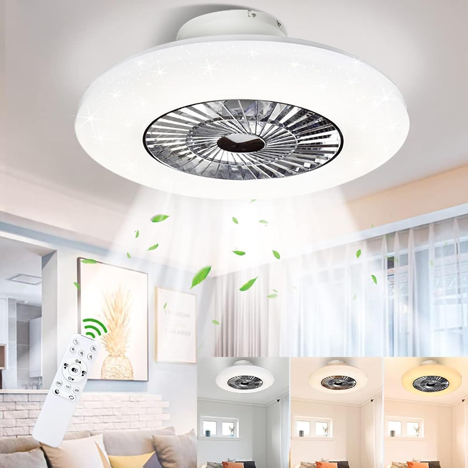 Ceiling fan with light fixture in a room setting, featuring a remote control.