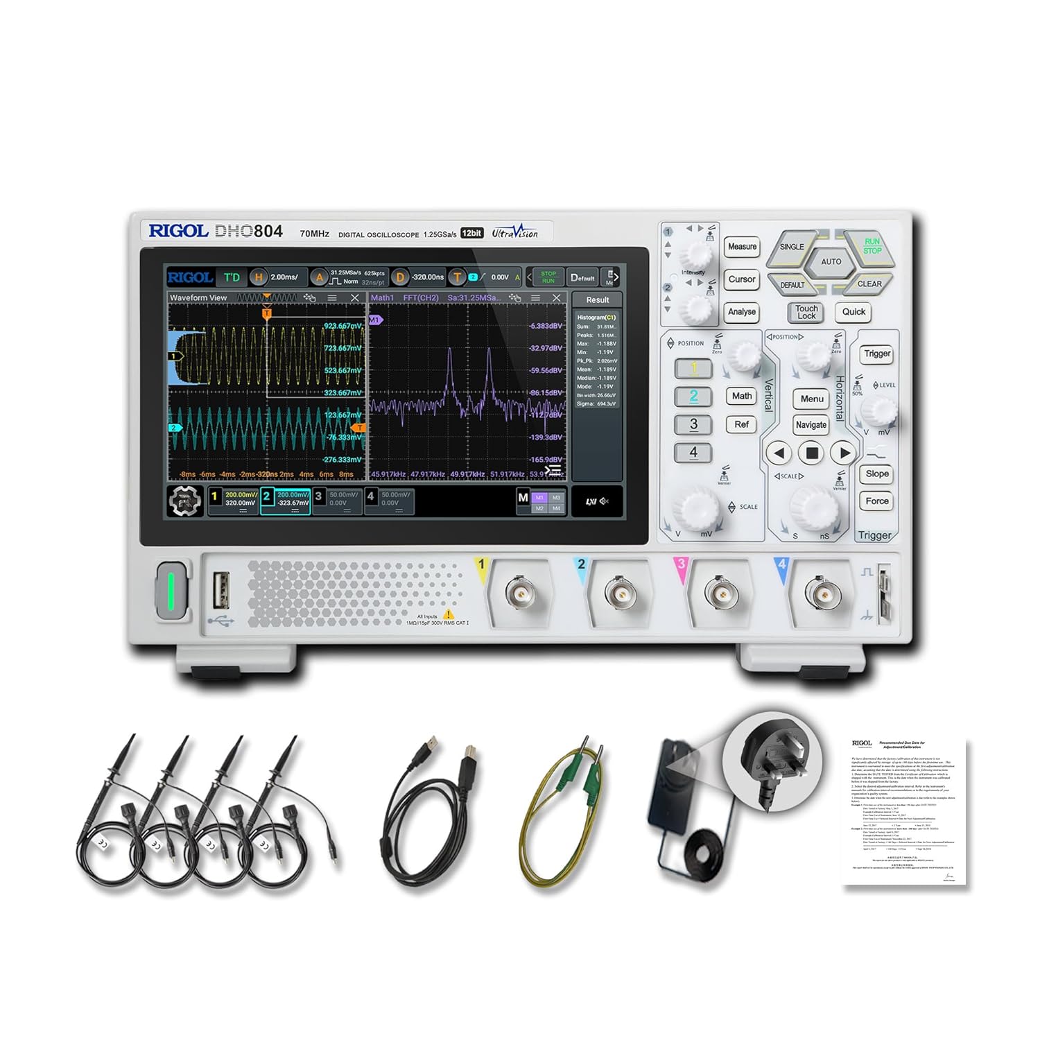 RIGOL DHO802 Portable Digital Oscilloscope, 70MHz Bandwidth, 2 Analogue Channels, 12bit Vertical Resolution, Low Noise Floor, Mobile Power Supply Supportable