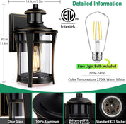 Outdoor wall light fixture with dimensions, ETL Intertek certification, and free light bulb included on a white background.
