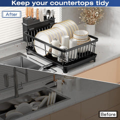Purkeep Dish Drying Rack with Utensil Holder & Draining Board – Space-Saving, Black