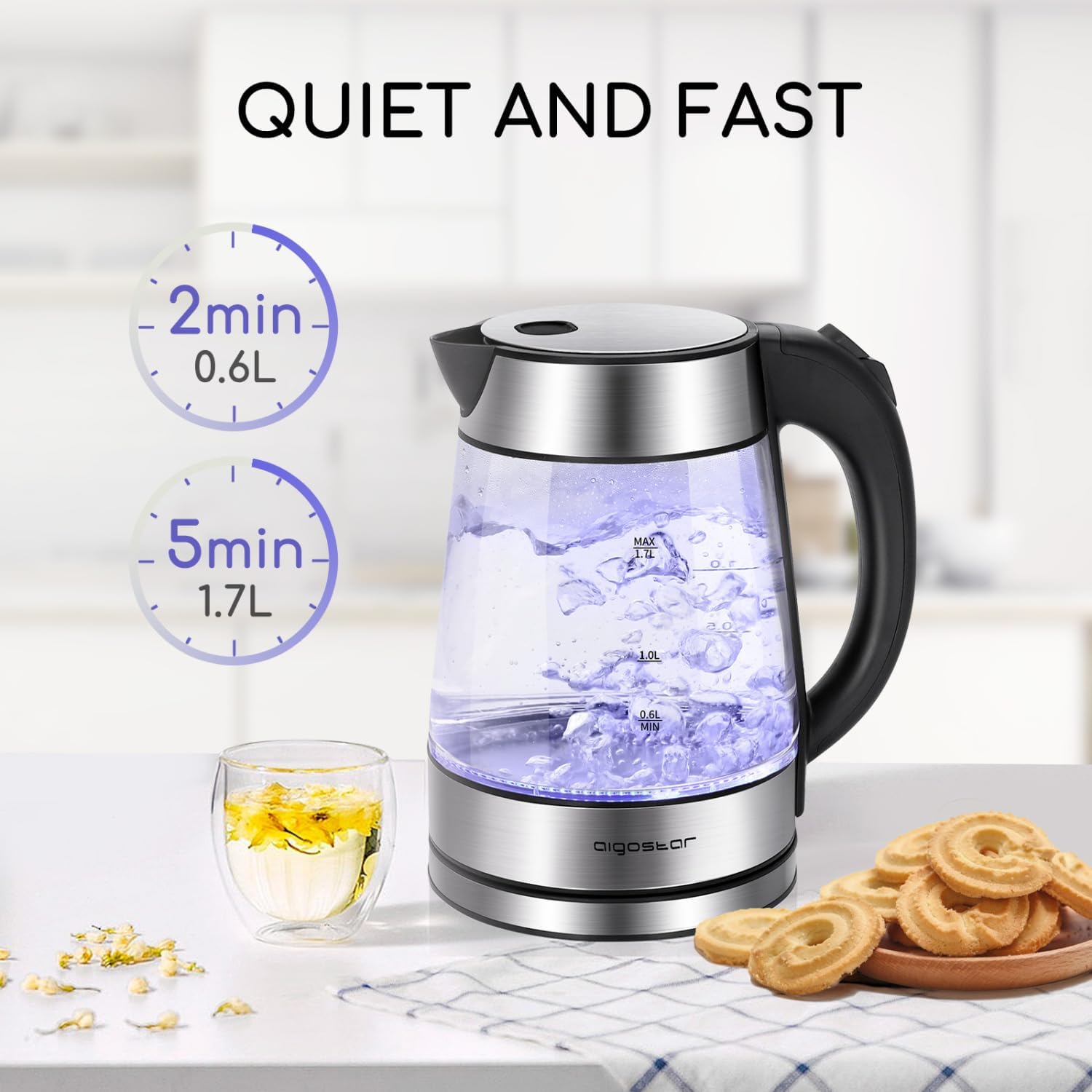 Aigostar Glass Kettle 1.7L 2200W with LED Lighting, Boil Dry Protection, BPA Free