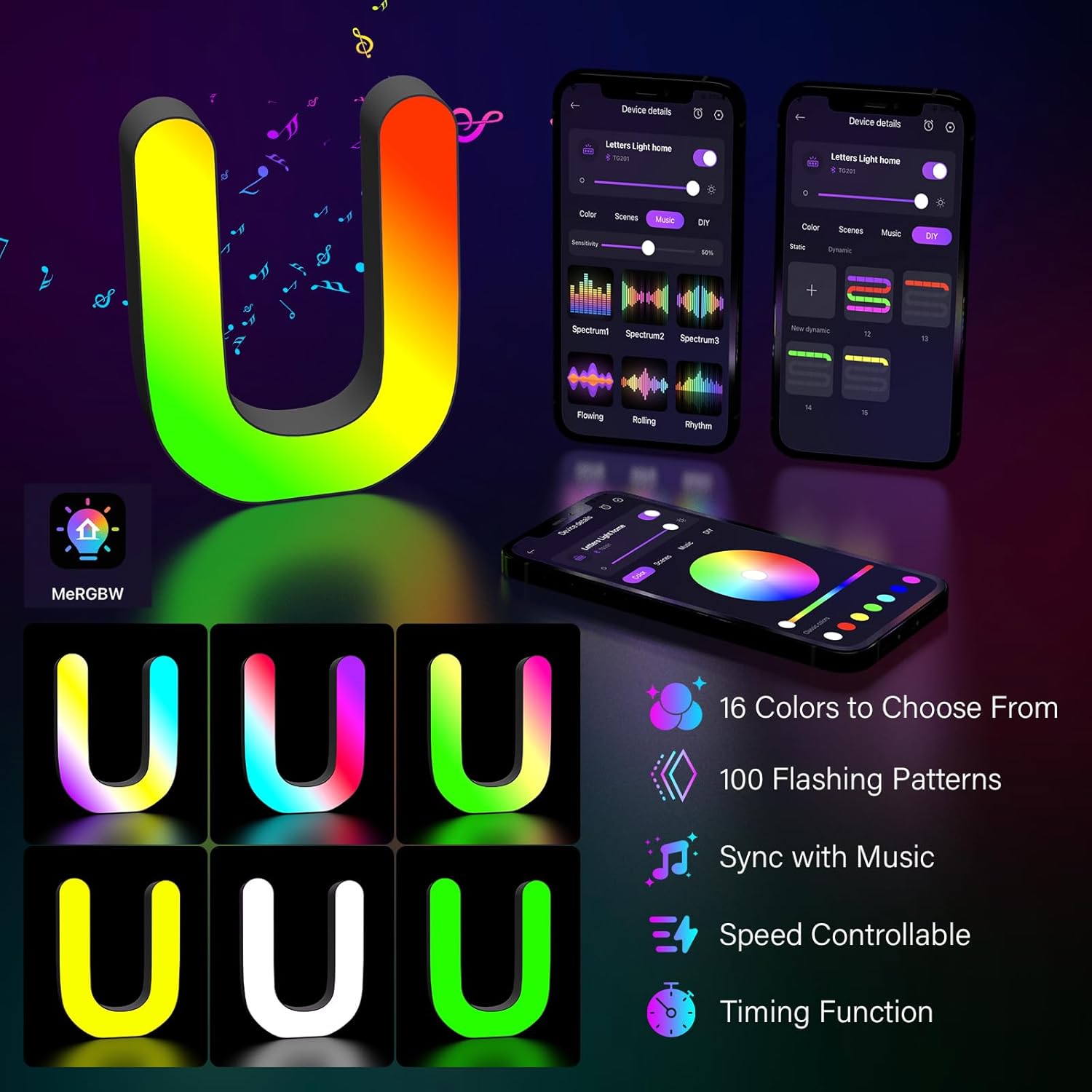 LED Letter Light U RGB USB APP Control
