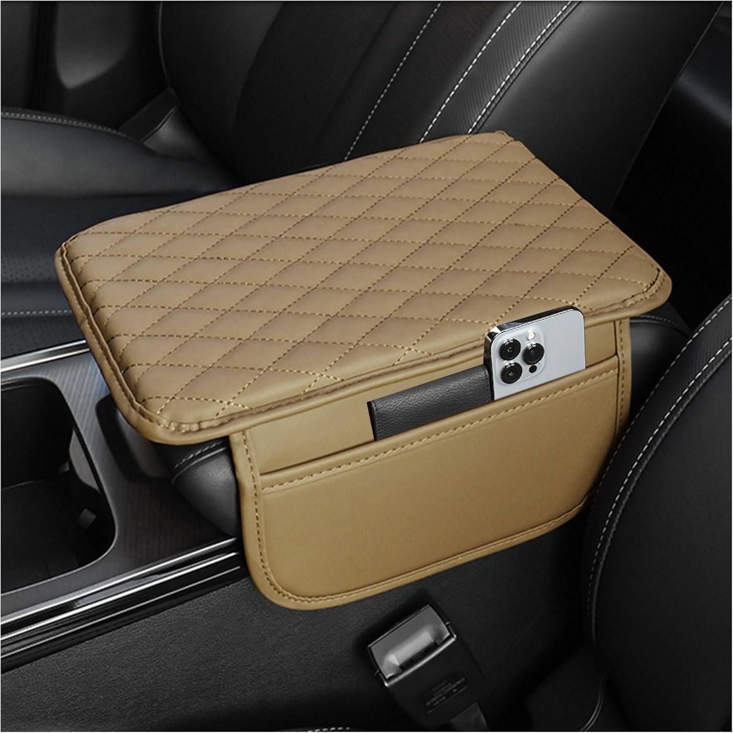 Upgraded Car Armrest Cover – Black Microfiber Leather Console Cushion with Storage