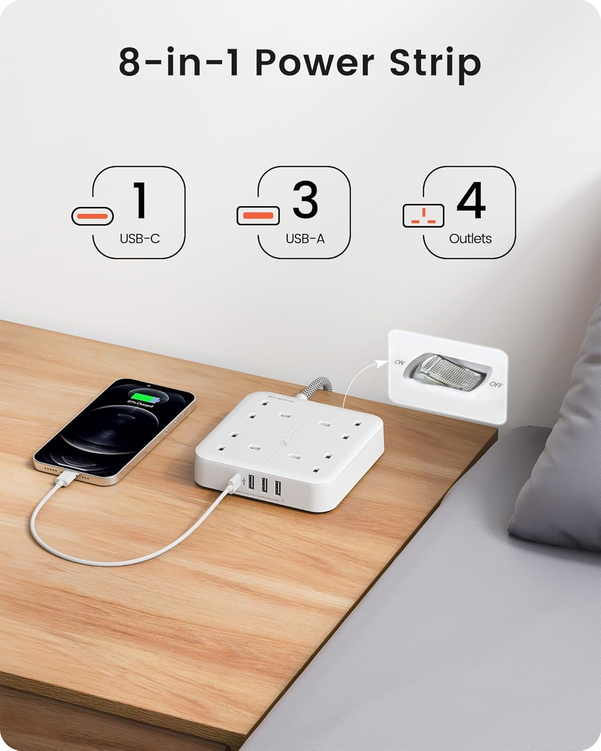 Extension Lead 4-Way 13A 3250W with 1 USB-C & 3 USB, 1.8M Braided Power Strip – White