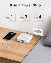 Extension Lead 4-Way 13A 3250W with 1 USB-C & 3 USB, 1.8M Braided Power Strip – White