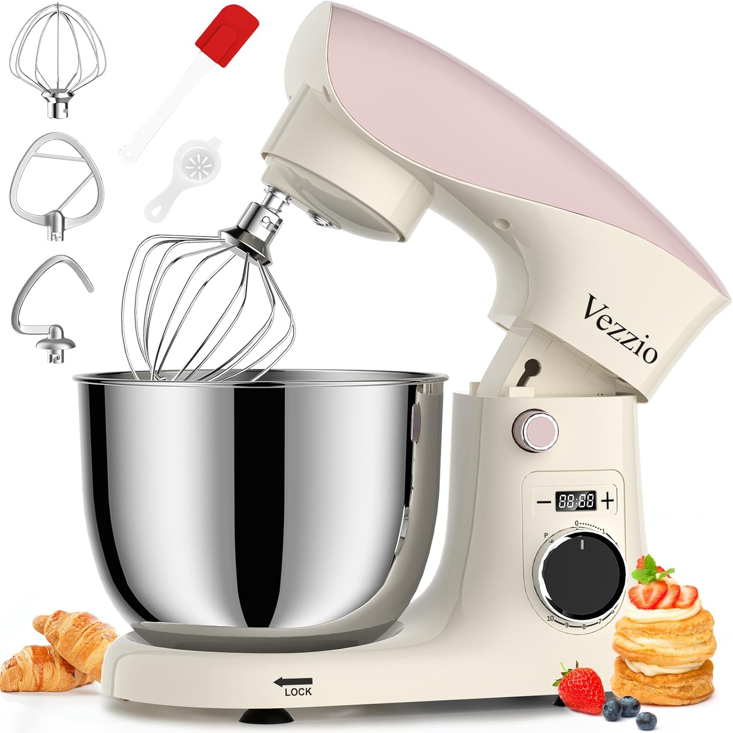 1500W Stand Mixer – 10-Speed 5.5L Dough Mixer for Baking, Lightweight & Easy to Use Food Mixer for Cakes & Home Cooking – Pink White