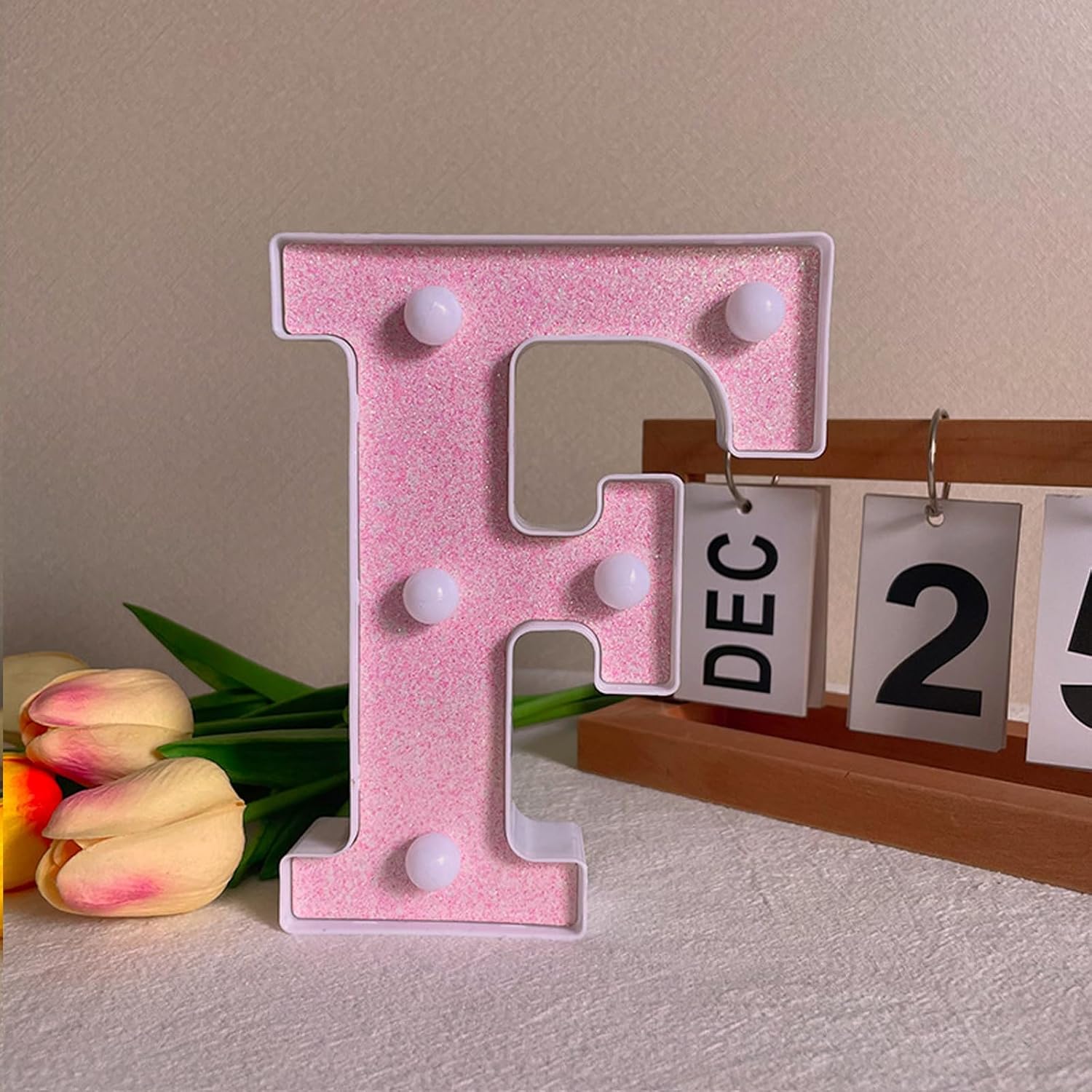 Pink LED Letter F Light – Warm Battery-Powered Night Light