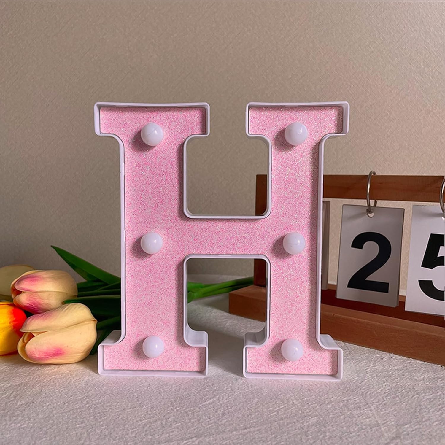 Pink LED Letter H Light – Warm Battery-Powered Night Light