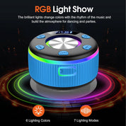 Bluetooth speaker with RGB lighting effects on a dark background
