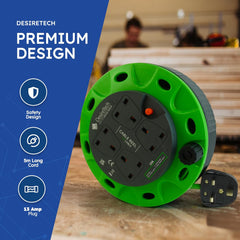4-Socket 5M Cable Reel Extension Lead, Heavy Duty with Thermal Cut-Out – Green/Black
