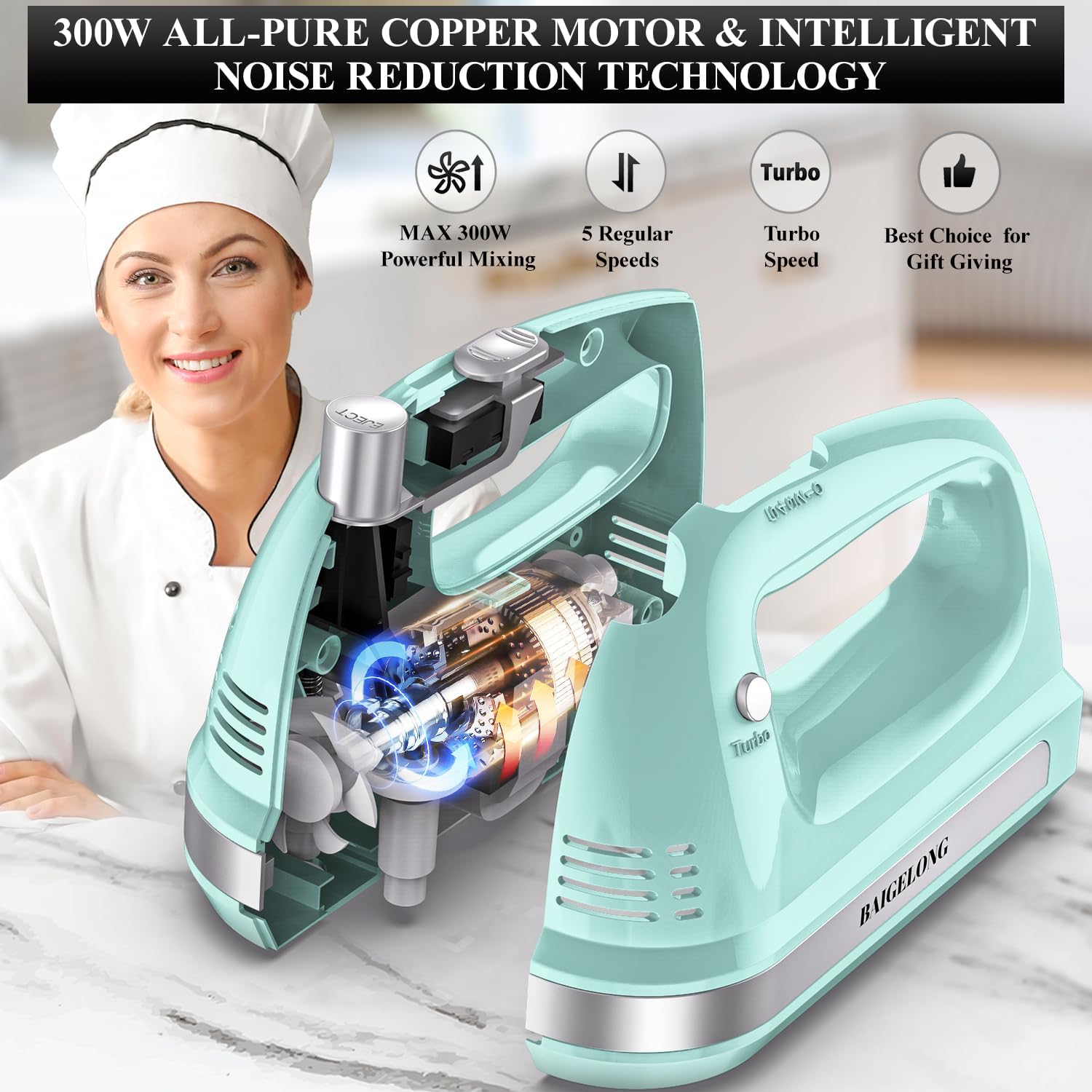 300W Hand Mixer with 5 Speeds + Turbo, 5 Stainless Steel Attachments – Powerful Kitchen Blender for Baking, GREEN