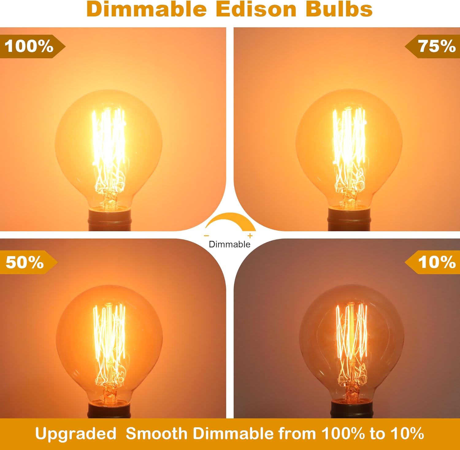 Dimmable Edison bulbs showing different brightness levels on a gradient background.