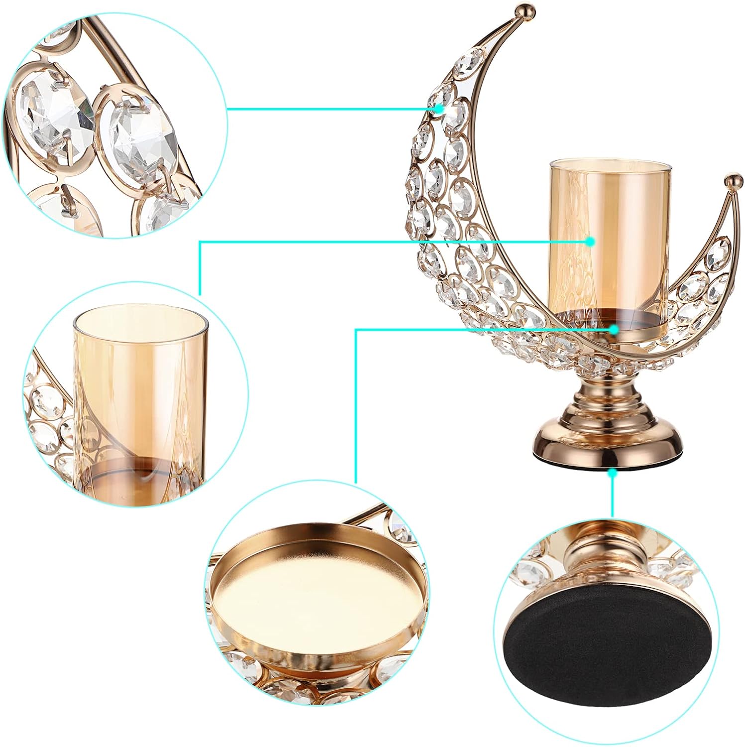 Moon Shape Crystal Tea Light Candle Holder with Detachable Shade – Gold Metal Table Centerpiece for Home, Wedding & Party Decor