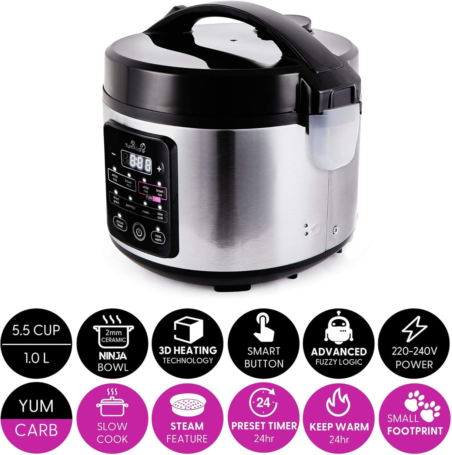 Yum Asia Kumo YumCarb Rice Cooker 1L – Stainless Steel – UK