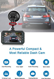 Dual Dash Cam for Cars Front & Rear 1080P, 170° Wide, 3" LCD, Night Vision