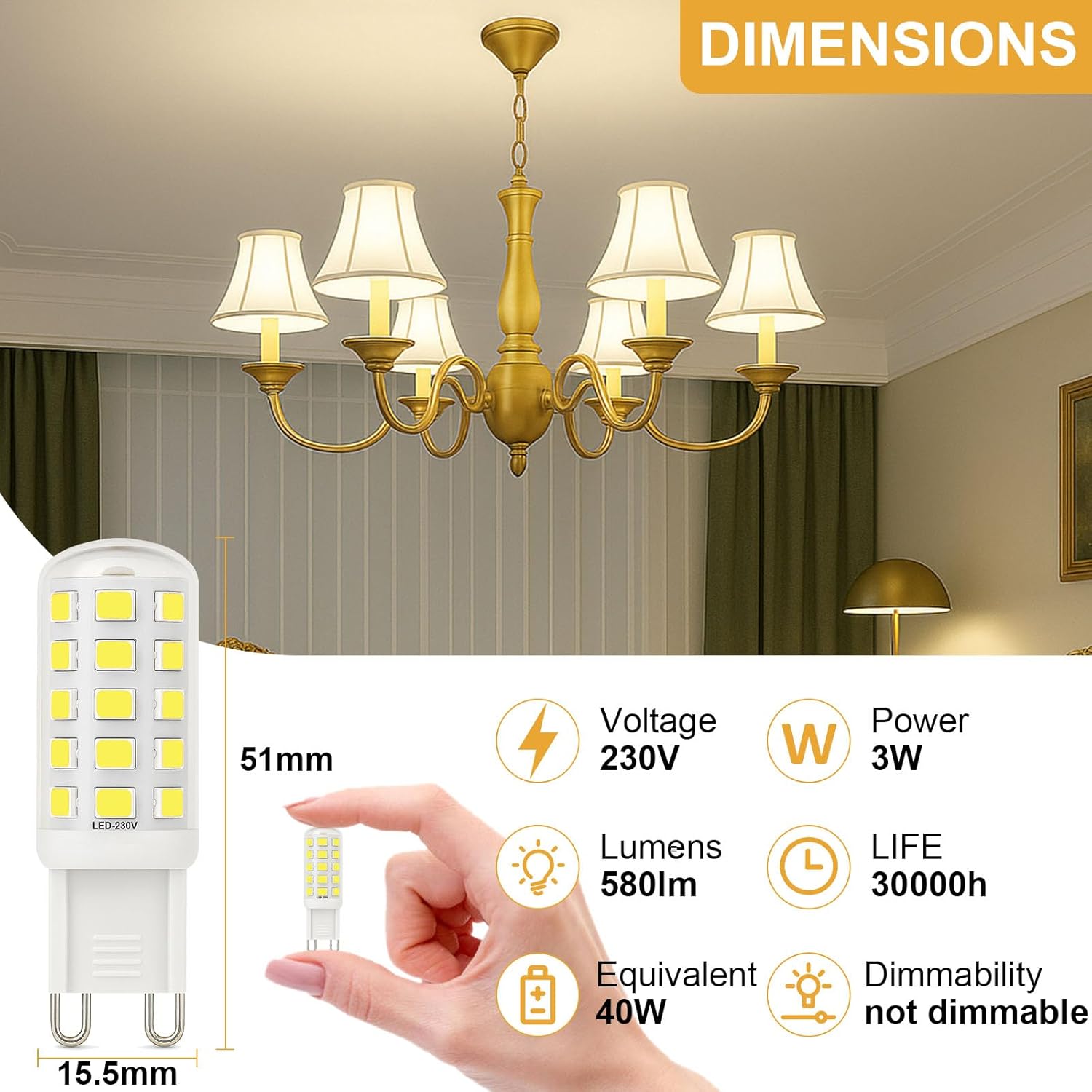 3W G9 LED Bulbs Cool White 580LM, 6000K Energy Saving Light Bulbs Equivalent to 40W Halogen, No Flicker Capsule GU9 LED Bulb for Home Lighting Decor, Chandelier, Not Dimmable, 220-240V,4 Pack