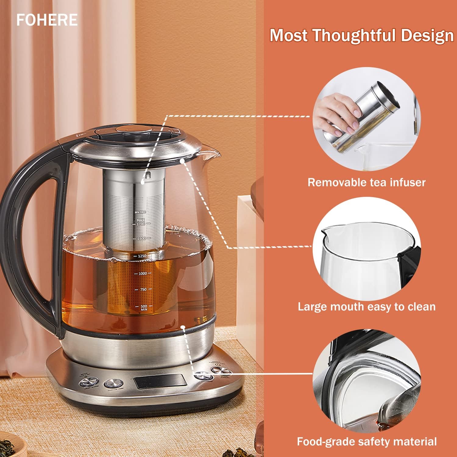 Smart Glass Tea Kettle 1.7L – Variable Temperature Control, 2200W Electric Kettle with Tea Infuser & Keep Warm Function