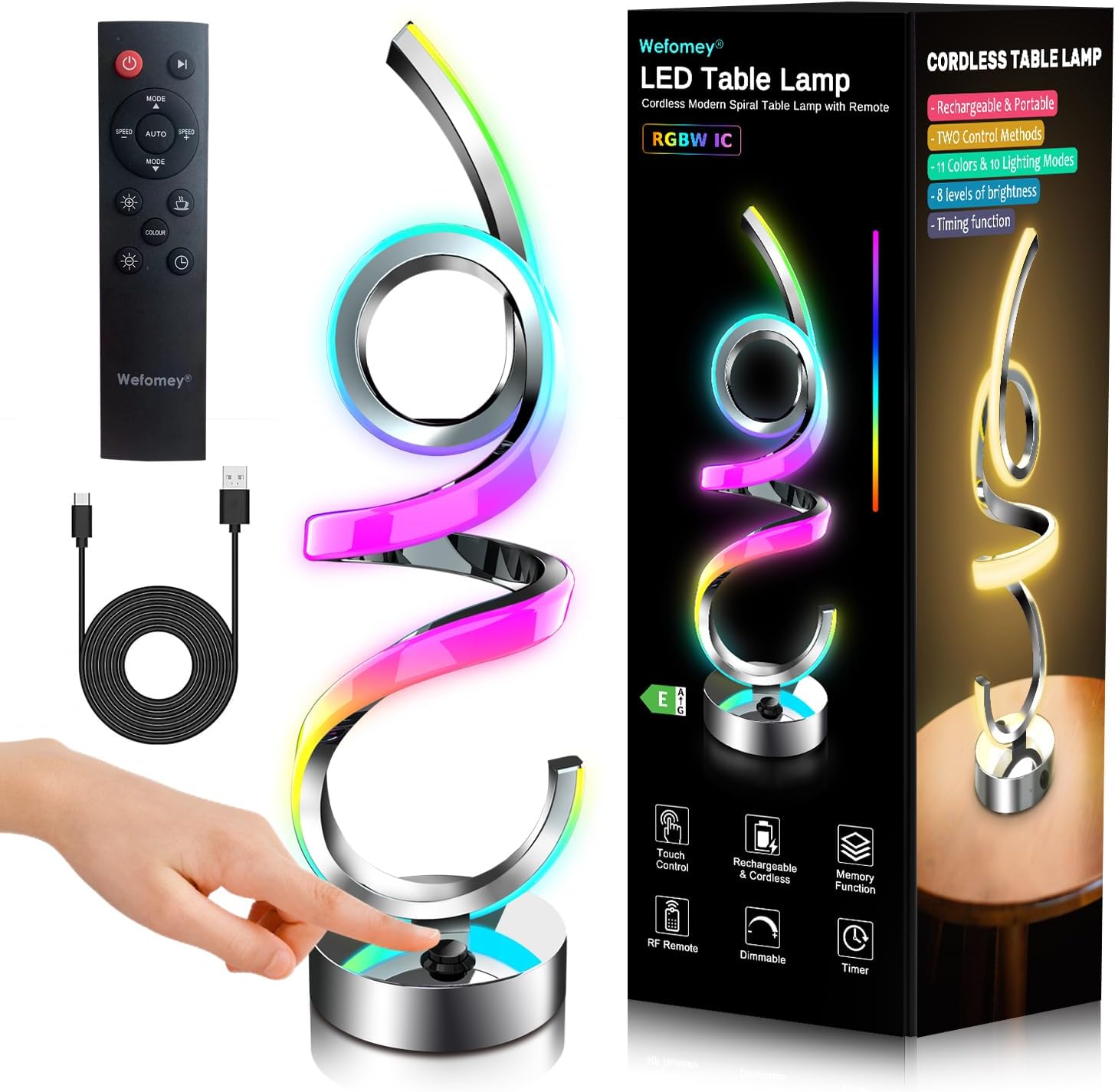 LED table lamp with remote control, cable, and packaging on a white background