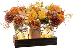 SUNNY BROOK 3PCS Fall Artificial Flowers in Mason Jars with Rustic Tray – Autumn Décor