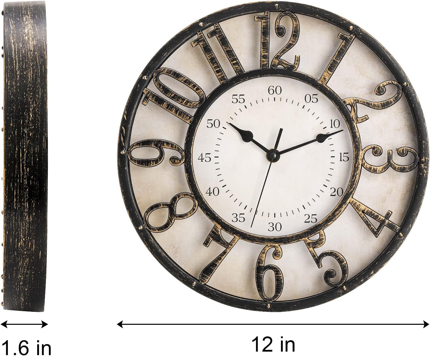 “12'' Retro Wall Clock – Silent Non-Ticking 3D Numerals, Battery Operated Quartz