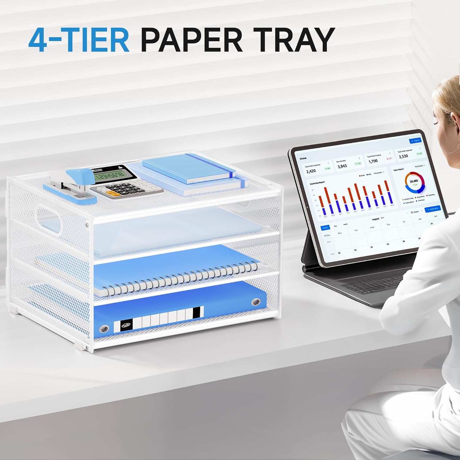 4-Tier Mesh Desk Organiser with Handle – Letter Tray & Magazine File Holder, White