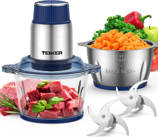 TENKER Food Processor 2L+2L Bowls, Bi-Level Blades, Chopper & Meat Grinder