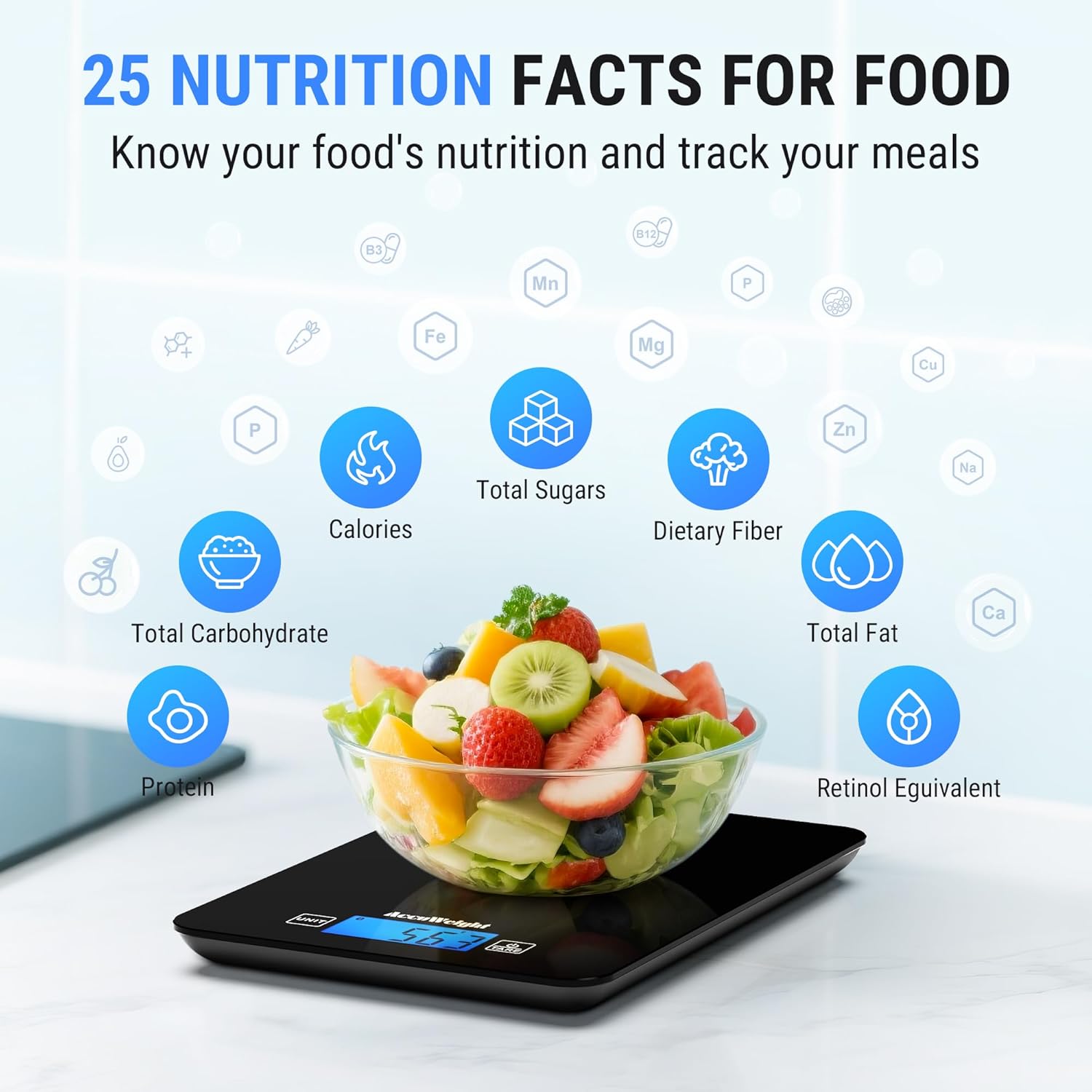 CK780 Bluetooth Kitchen Scale – 5kg/11lb Smart Food Scale with Nutrition Calculator, Backlit LCD & Batteries Included