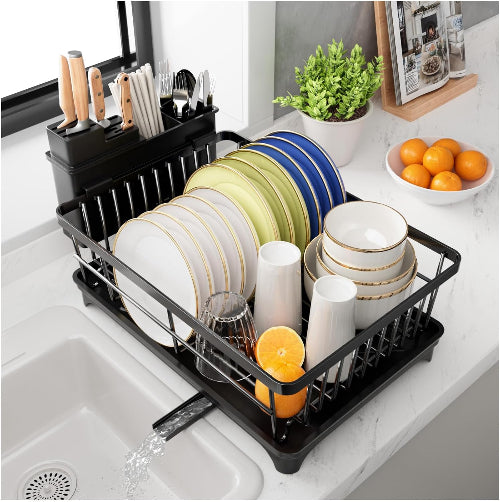 Purkeep Dish Drying Rack with Utensil Holder & Draining Board – Space-Saving, Black