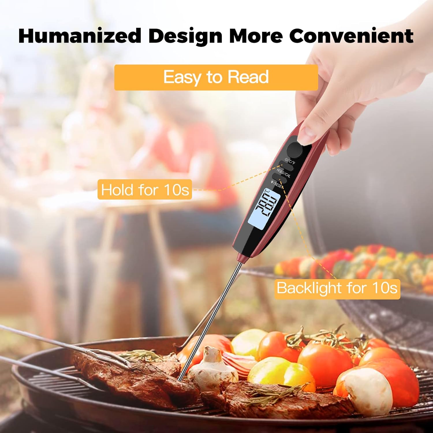 Instant Read Meat Thermometer with LCD Backlight, Black Red