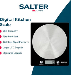 Salter 1036 BKSSDR Digital Kitchen Scale – 5KG Food Weighing Scale, Black Stainless Steel