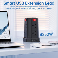 Tower Extension Lead 8-Way [13A 3250W] with 4 USB Ports, Surge Protected Power Strip 3M