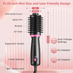 3-in-1 Hair Dryer Brush, Ionic Hot Air Styler, Dual Voltage, 2 Speeds, Frizz-Free