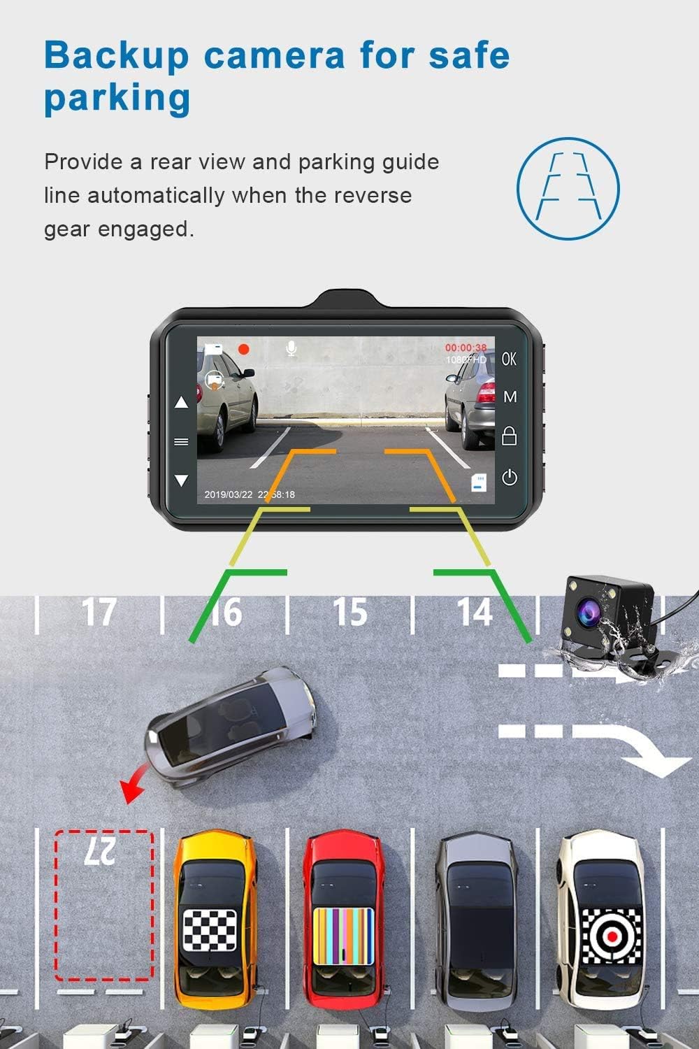 Dual Dash Cam for Cars Front & Rear 1080P, 170° Wide, 3" LCD, Night Vision