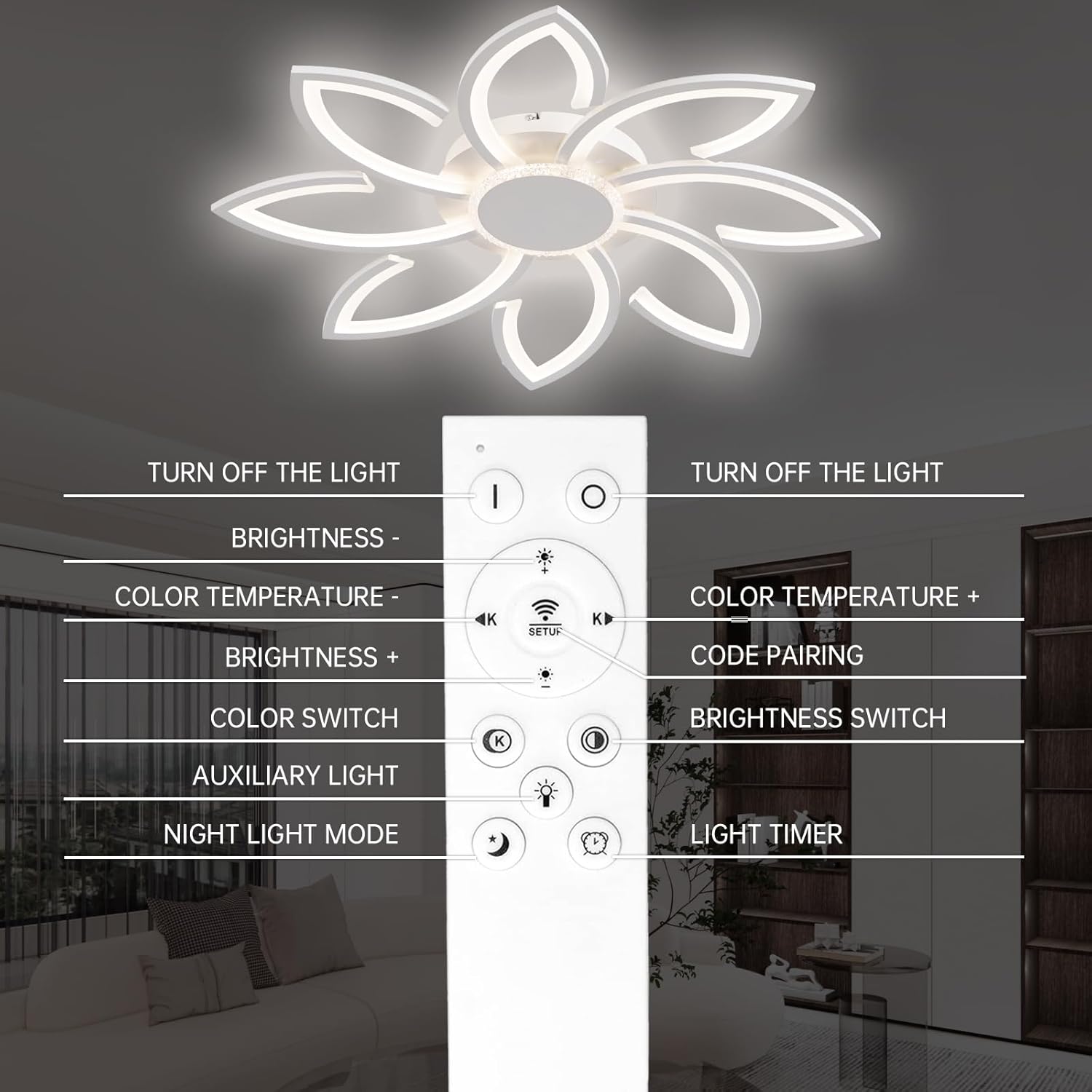 LED Ceiling Light with Remote Control – 31.5" Flower Shape Chandelier, 98W 8000LM, Dimmable (3000K–6500K), Modern Ceiling Lighting for Living Room, White